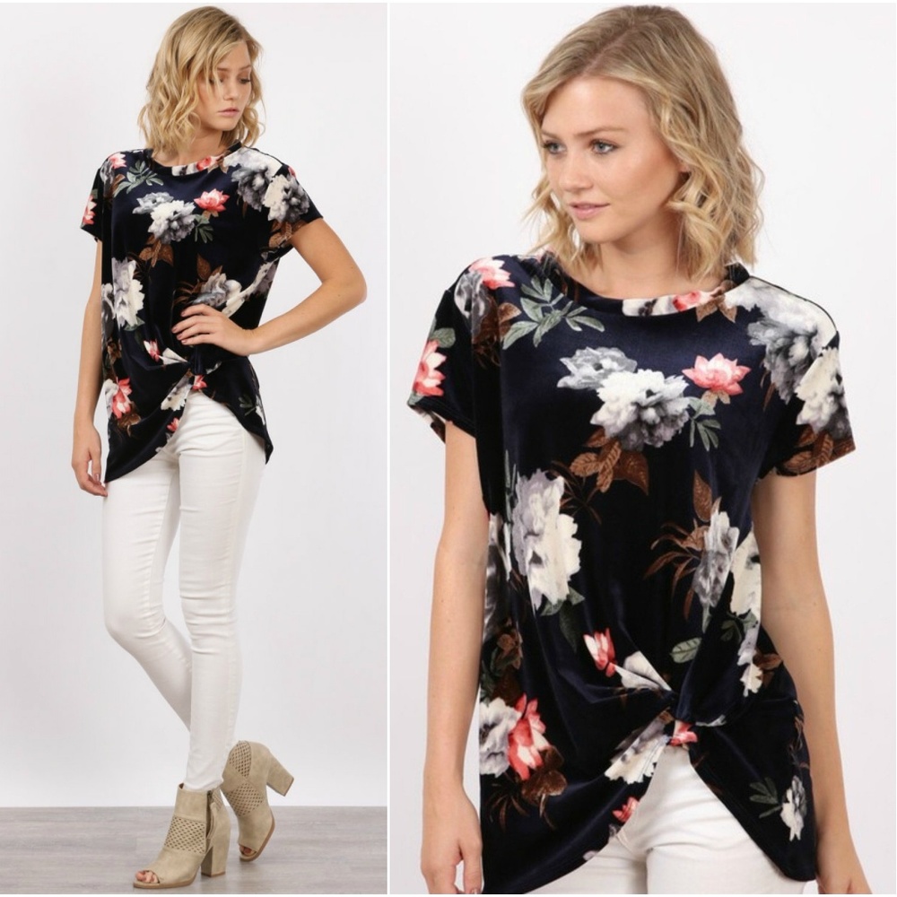 NEW Floral Velvet Side Twist Knot Detail Top - Picture 1 of 3